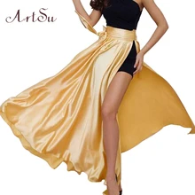 ArtSu, сексуальные вечерние Сатиновые длинные юбки в стиле бохо с высоким разрезом, Женская пляжная юбка макси на шнуровке, плиссированная юбка, Saia, летняя юбка, ASSK30055