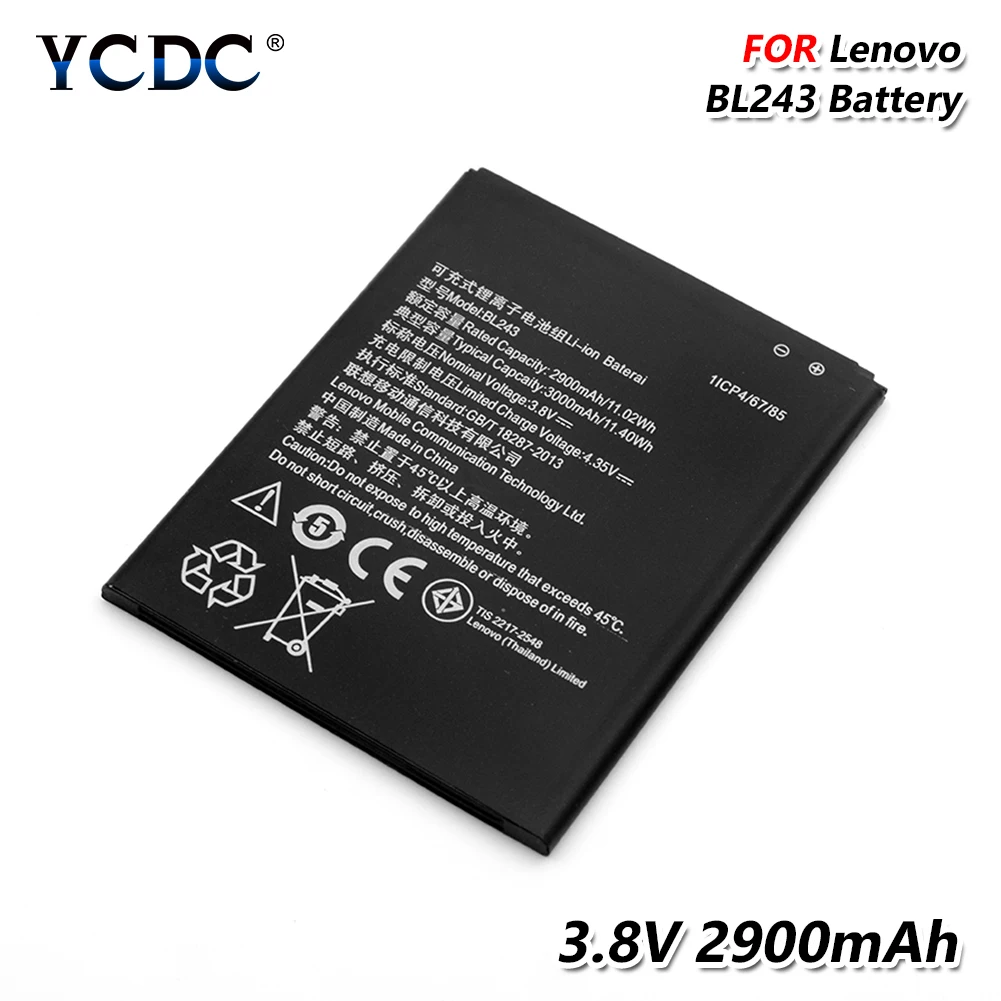 

YCDC 3.8V 2900mAh Rechargeable Lithium BL 243 Battery BL243 BL-243 For Lenovo K3 Note K50-T5 K50-T3S A7000 A7600 A5600