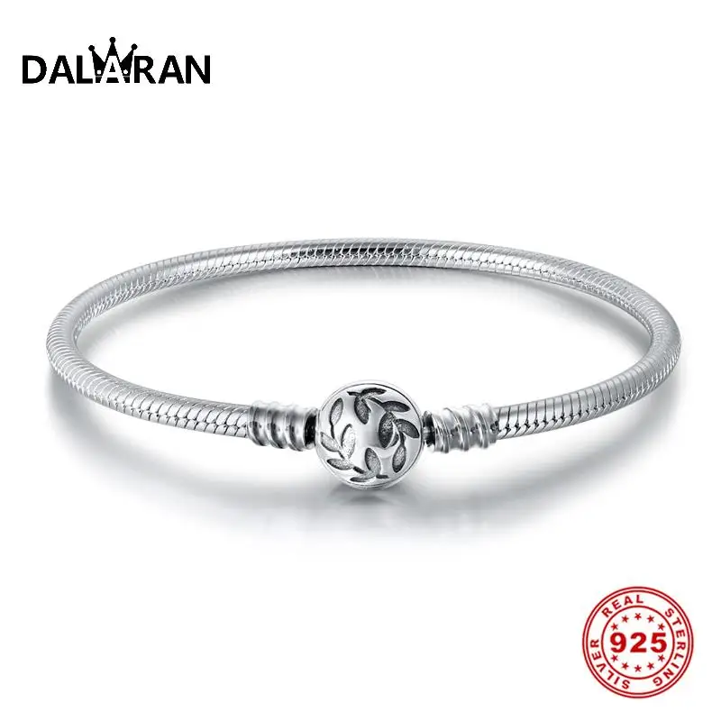 

DALARAN 925 Sterling Silver Bracelets Charm Round Shape Leaf Snake Chain Jewelry For Women Fit Original Beads Valentine's Gift