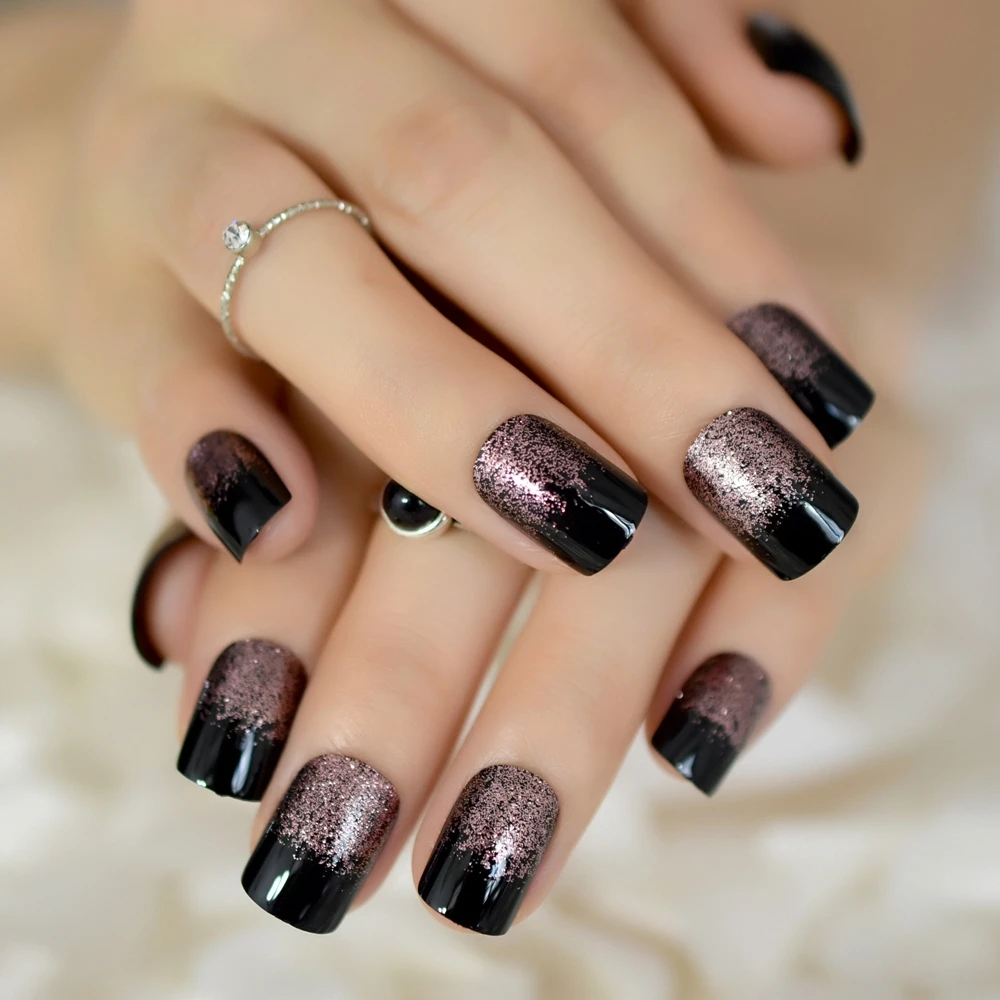 Uñas postizas de estilo clásico para mujer, uñas acrílicas cuadradas  negras, rosa, roja, purpurina francesa, 24 piezas, gran oferta, Z921 -  AliExpress Belleza y salud