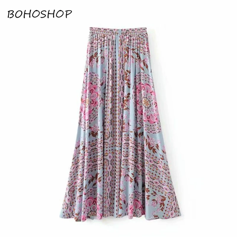 

Vintage chic fashion women Boho beach skirt Mesh stitching cute floral printed Bohemian long maxi skirt female