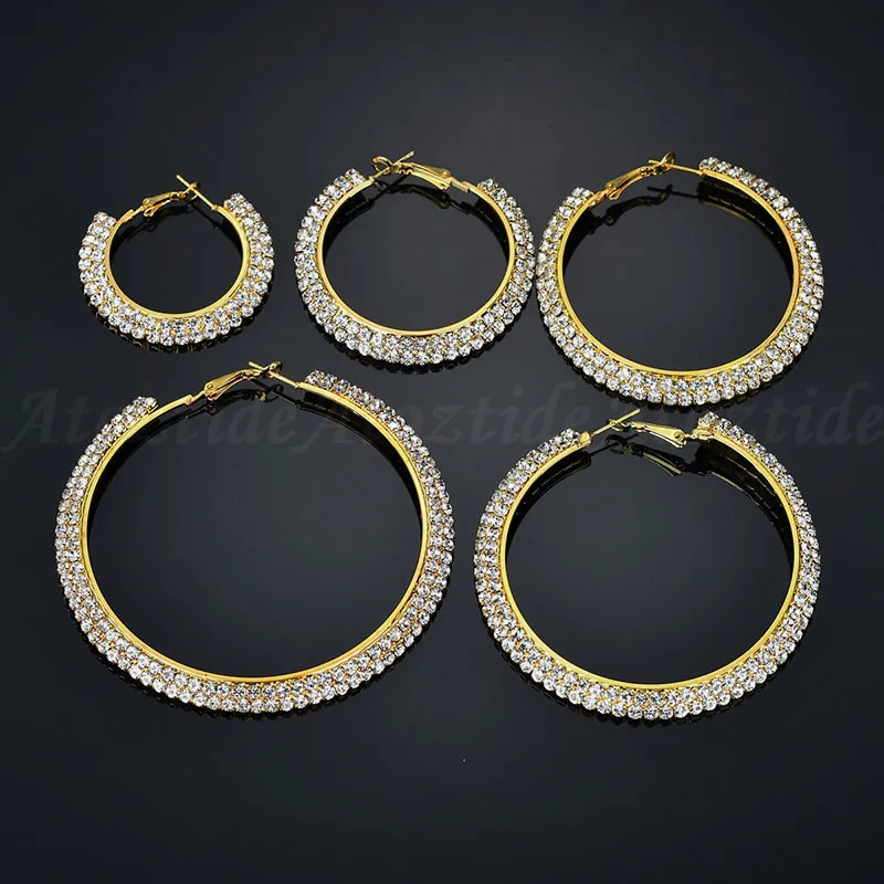 Atoztide 30-70 мм модный двойной ряд обруч с кристаллами серьги для женщин Золото Серебро Цвет Basketball wives круг серьги вечерние