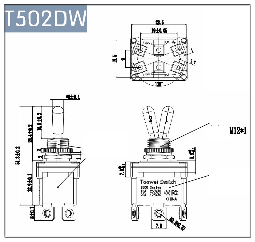 T502DW 6 контактов ON-(ON) Мгновенный Переключатель/Toowei T500 серии водонепроницаемый тумблер IP67/наружный выключатель/15A 250V