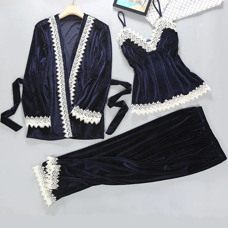 Hot Brand 3pcs/set Sexy Pijama Set Winter Women Lace Cardigan Slim Camisole Pants Unicorn Pajama Sets pyjama femme Sleeping - Цвет: Navy