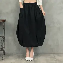 2018 хлопок Для женщин Китайский Стиль регулируемый пояс бутон Фонари Юбка Ретро карманные свободные льняные юбка