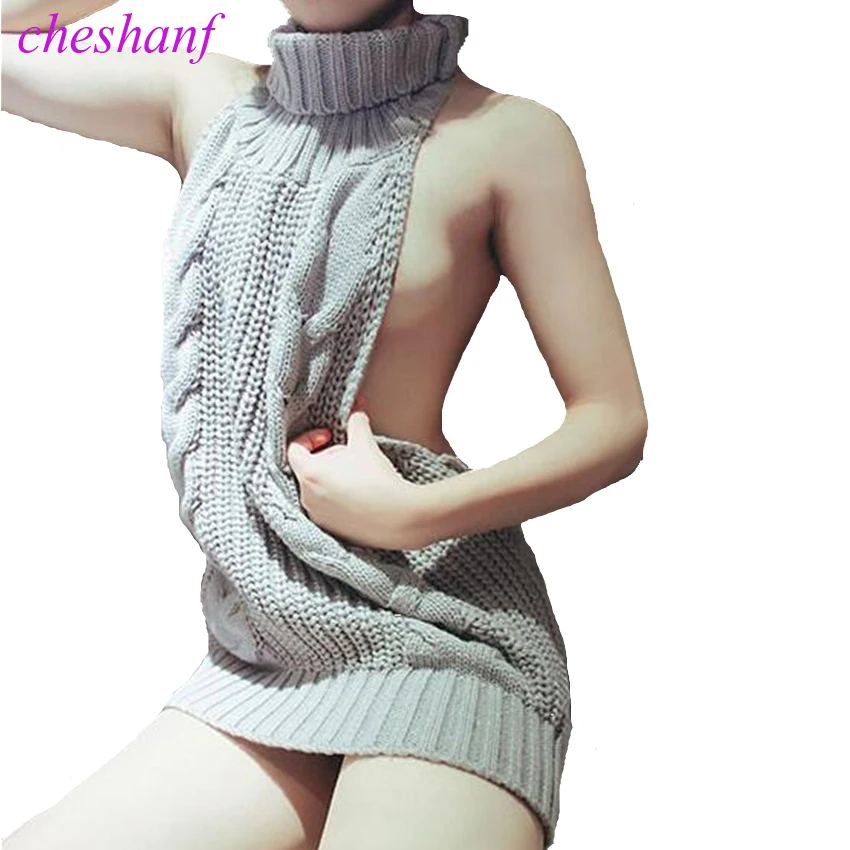 2020 Summer New Turtleneck Sleeveless Long Virgin Killer Sweater Japanes Knitted Sexy backless Women Sweaters And Pullovers