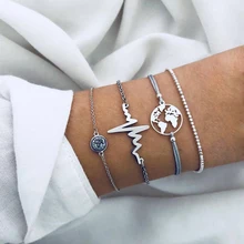

4 Pcs/set Earth Map LOVE Heart ECG Multilayer Bracelets for Women Crystal Charm Stone Beads Pendant Cuff Bangle Boho Jewelry