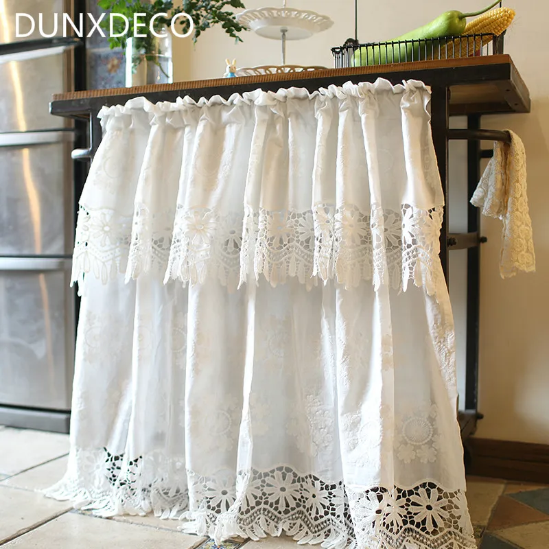 DUNXDECO Короткая занавеска для кухни, двери, половина Cortinas, стиль кантри, белый хлопок, кружево, полый, тонкий, Ридо, домашний декор