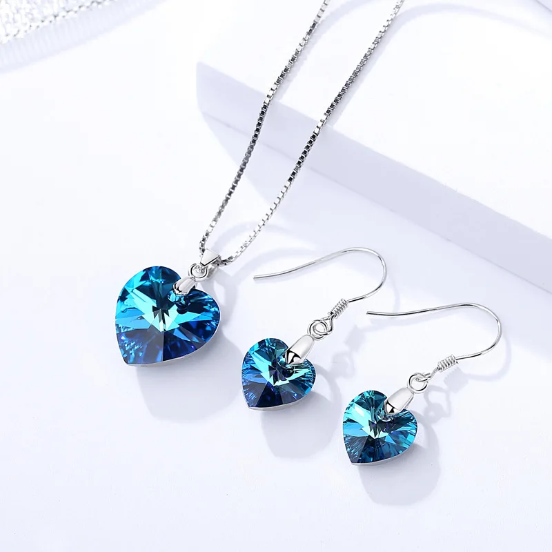 

Genuine 925 sterling silver drop earrings blue cute sea heart love dangle hook earrings for women fine jewelry