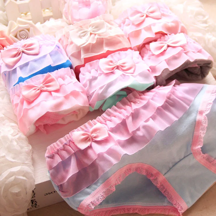 6pcs/lot Women Underwear Panties Girls Cute Bow Cake Layer Lace Soft