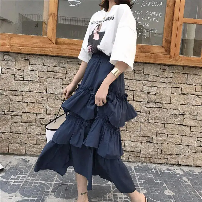 

2019 Spring New Arrival Sweet Fairy Layer Skirt Long Skirts For Women Black Skirt Faldas Largas Elegantes Free Shipping