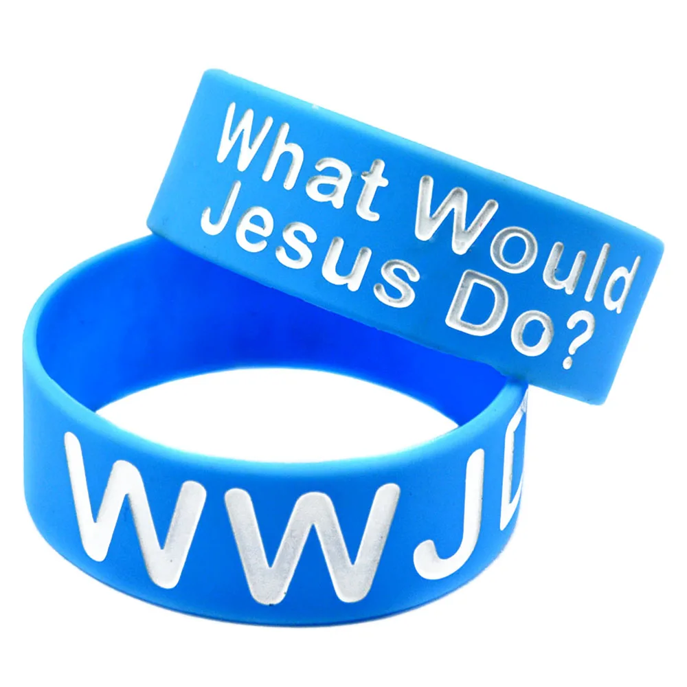 

OneBandaHouse 1PC 1 Inch Wide Bracelet Light Blue WWJD What Would Jesus Do Silicone Wristband Fashion Classic Bangle