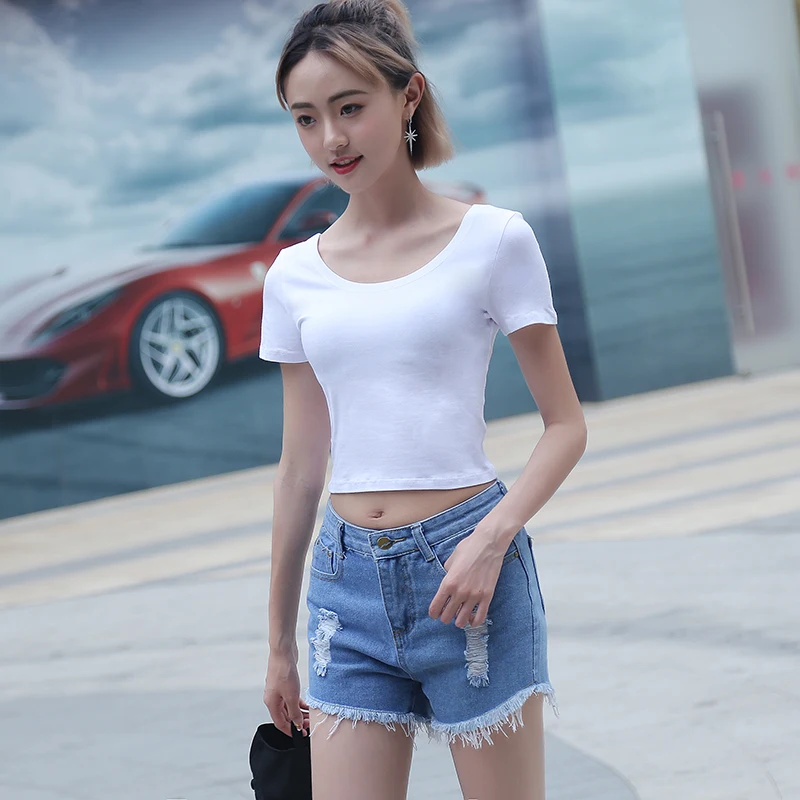 2018 Crop Top Summer Tshirt Crop Top Crew Neck T-Shirts Women With Short Sleeve