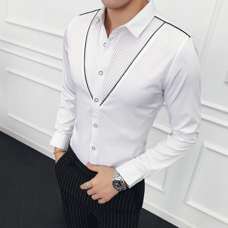 Black White Dress Men Shirt Pleated Long Sleeve Slim Fit Shirt Male