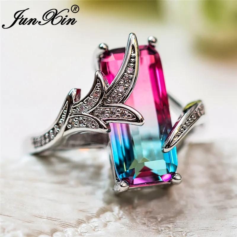 

JUNXIN Cute Mermaid Tail Rings For Women 925 Silver Color Red Blue Crystal Big Rectangle Stone Wedding Bands Rainbow Jewelry