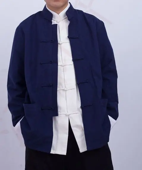 Китайская традиционная мужская одежда из чистого хлопка для боевых искусств, костюм Тан, мужская куртка, униформа futai chi синего цвета