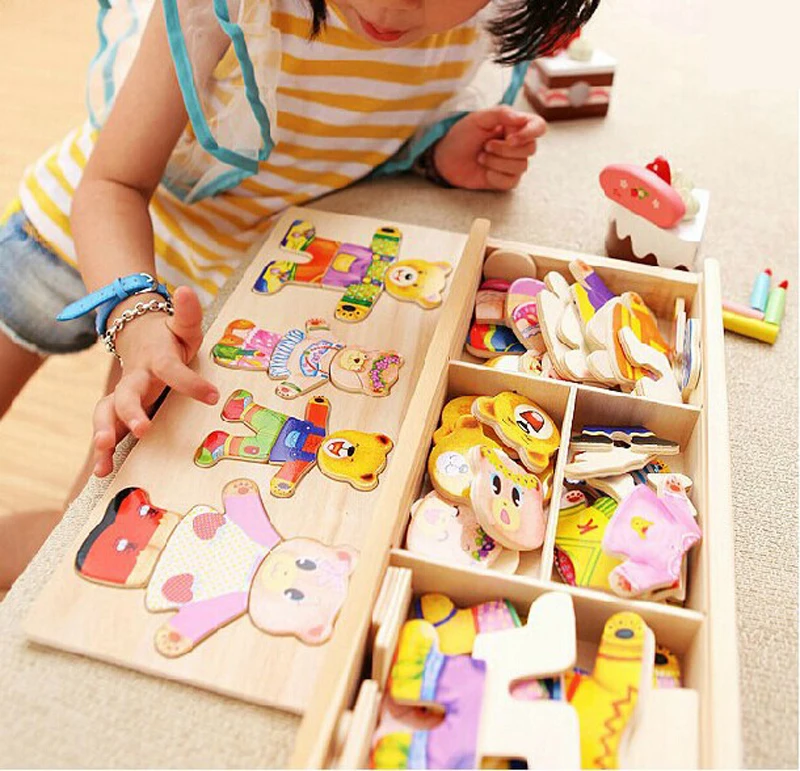 little bear change clothes Children’s early education Wooden jigsaw Puzzle Dressing game Baby Wooden Puzzle toys free shipping