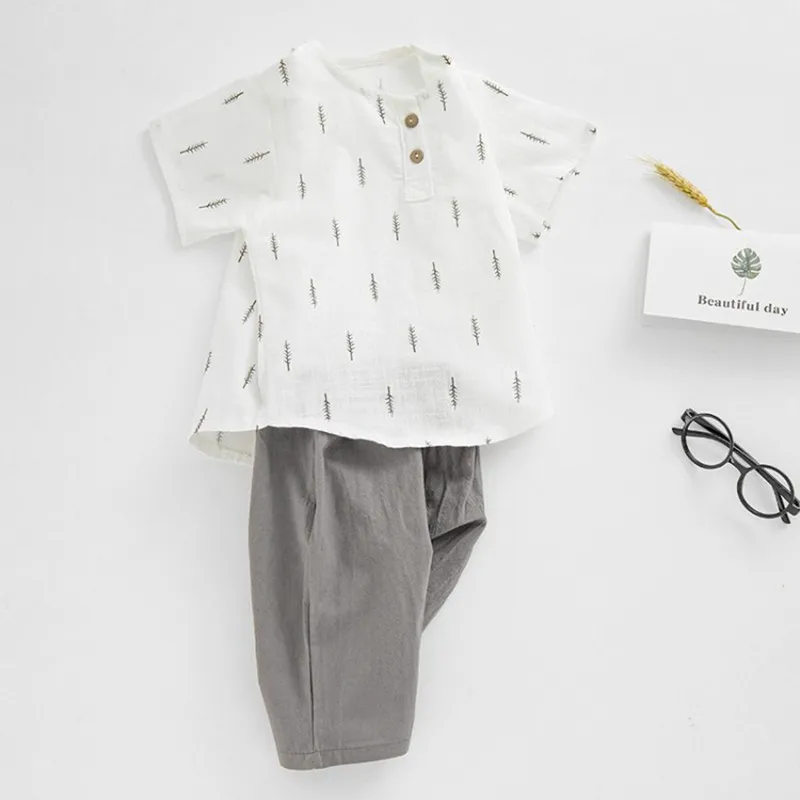 COOTELILI Cotton Linen Toddler Boys Summer Clothing Children Sets Short Sleeve T-shirt+ Pants Girls Clothing Sets 80-120cm (1)