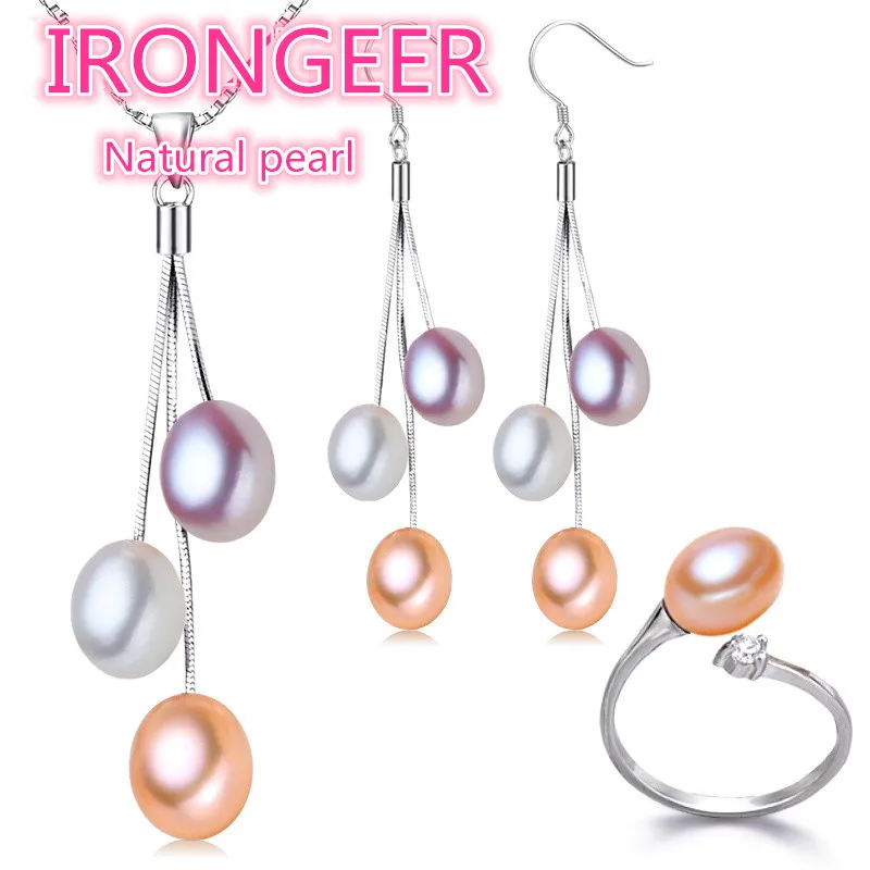 

R Luxury Sexy Mixed natural pearls Sterling silver tassel jewelry Set Wedding jewelry Necklace + ring + earrings Free shipping