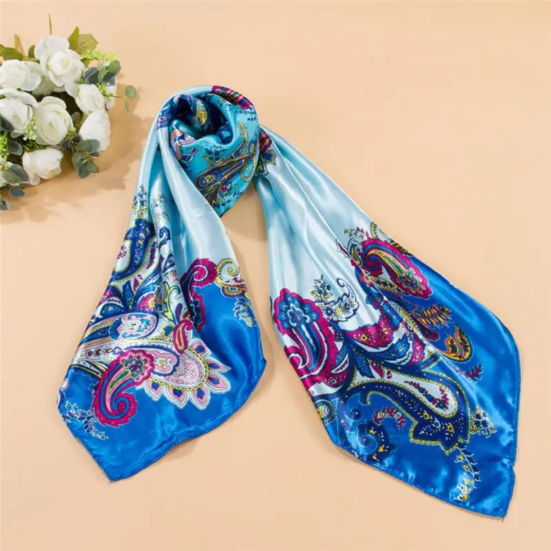 

90*90cm Women Vintage Flower Painted Square Scarf Imitated Silk Satin Neck Shawl