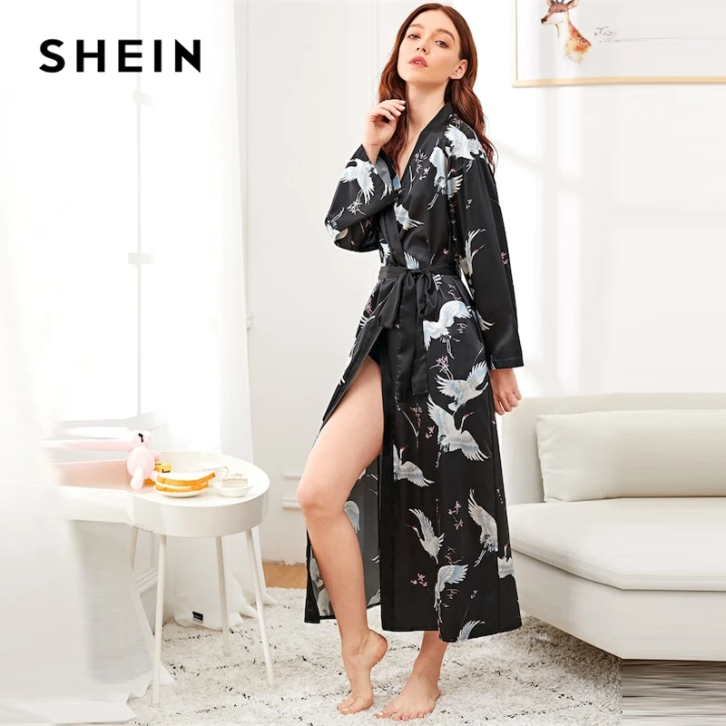 SHEIN Crane Print Satin Longline Robe V Neck Elegant Dressing Gown 2019