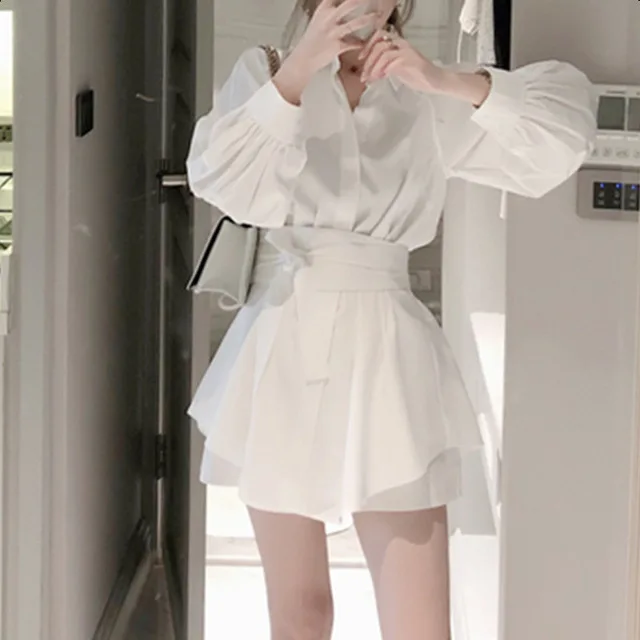 womens suit set High Quality summer fashion white long shirt casual suit female Lantern sleeve + wide leg short pant two-piece suit with belt lounge wear Women's Sets