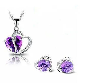 

Free shipping new 2014 heart design 925 sterling silver jewelry set Austrian purple crystal pendant necklace with stud earrings