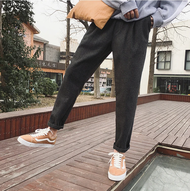 2019 Весна Harajuku ретро мужские клетчатые брюки Свободные Шерстяные материал девять брюки чистый цвет повседневные брюки черный/коричневый M-2XL