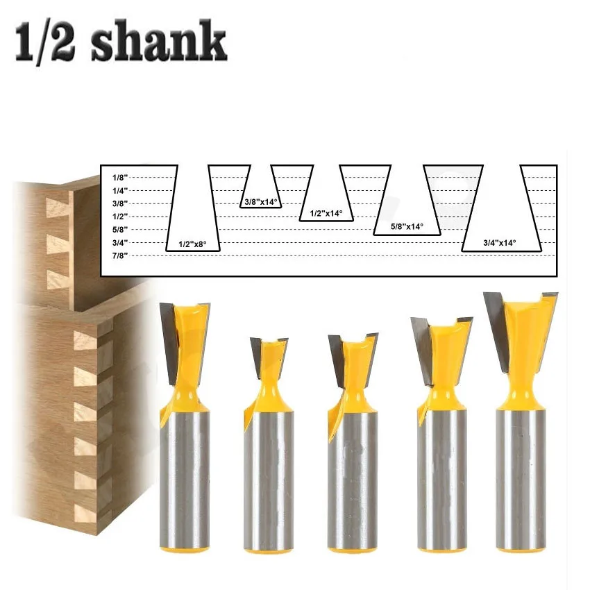 

5pcs/set 12.7mm Shank Dovetail Milling Cutters 1/2 Inch Shank Tungsten Router Bits For Wood Carving Woodworking Tools