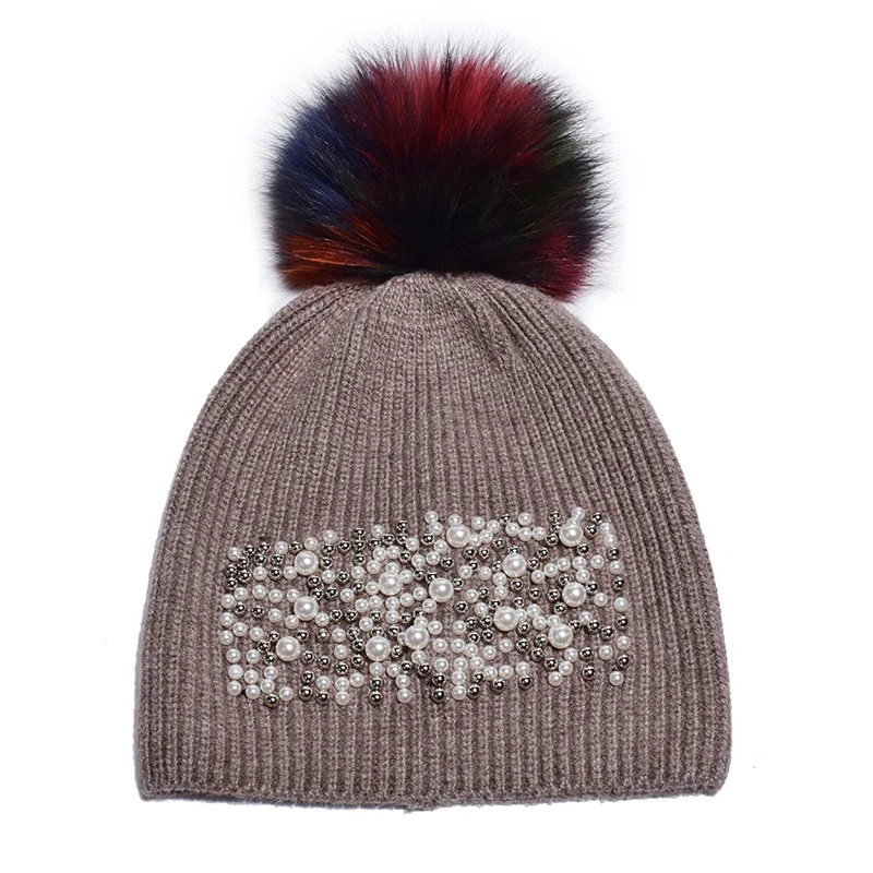 Women Winter Hat Wool Knit Raccoon Pom Pom Cap Warm Ski Outdoor Accessory  (3)