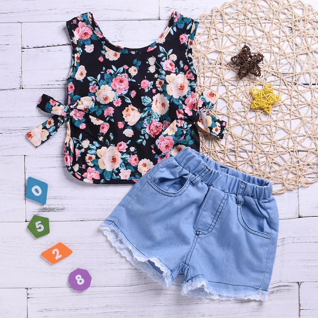 

Toddler Baby Girls Sleeveless Floral Print Tops+Lace Hole Denim Shorts Outfits clothes for girls 10 years toddler girl clothes