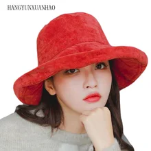 Новая осенне-зимняя Вельветовая шляпа с большими полями для женщин, одноцветная шапка в рыбацком стиле, Женская Повседневная шапка от солнца, зимняя теплая шапка для девочек