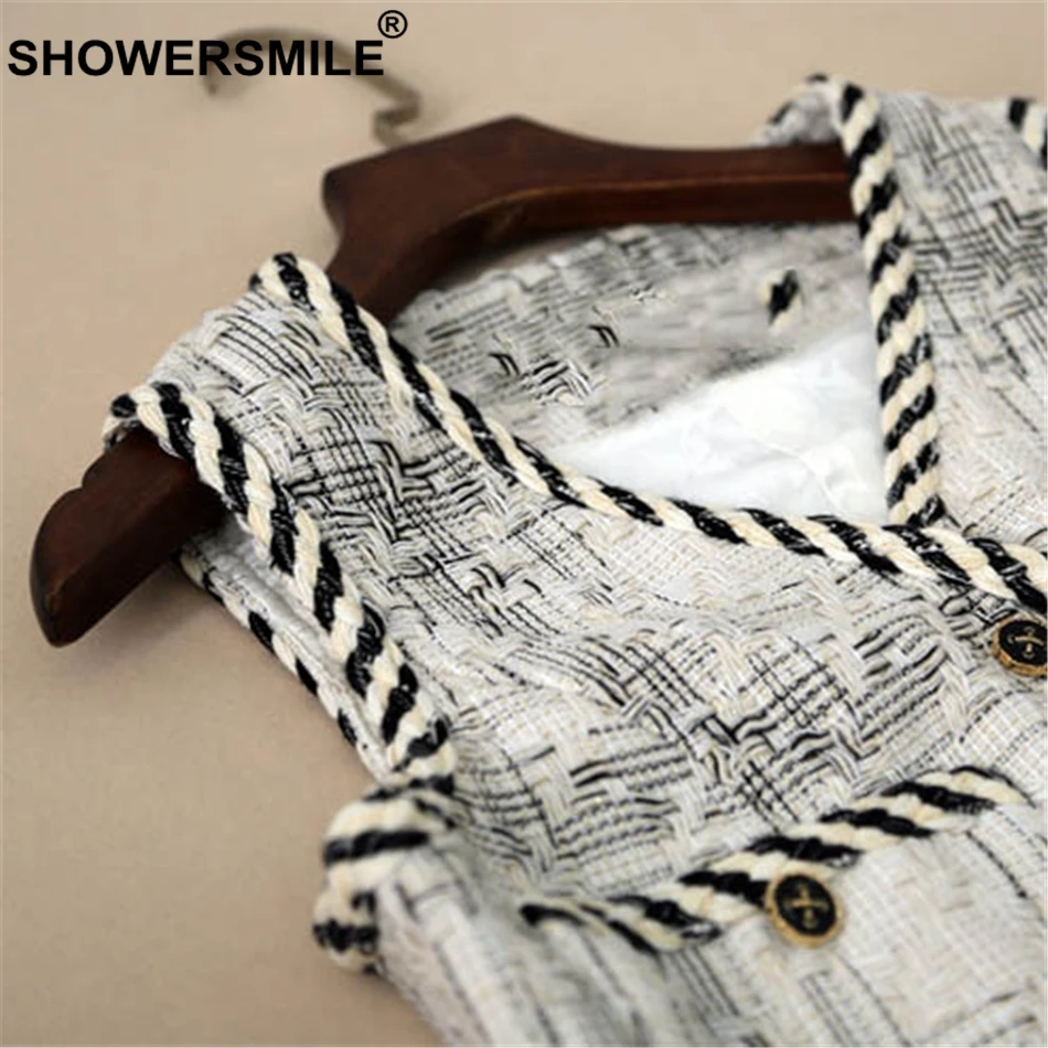 SHOWERSMILE Patchwork Vest Women White Slim Fit Sleeveless Jackets Female Vest Coat With Pockets Vintage British Vests Waistcoat