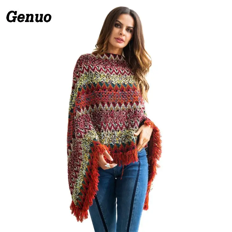 

Genuo Poncho O-Neck Color Block Jacquard Tassel Cloak Sweater Women Patchwork Pullovers Vintage Jacquard Fringed Knitwear Tops