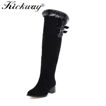

Kickway 2018 New Arrive winter women boots square heel Flock thigh high boots high heels over the knee Fur boots Plus Size 34-47