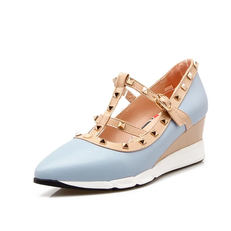 ZawsThia/ г. осенне-летняя модная женская обувь синего и розового цвета туфли-лодочки на высоком каблуке с острым носком на танкетке обувь с Т-образным ремешком и заклепками - Цвет: Небесно-голубой