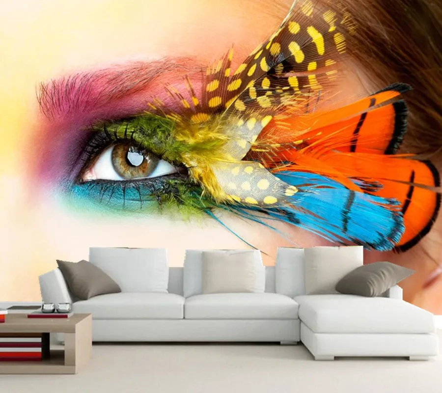 udgifterne kanal Fyrretræ Custom Eyes Feathers Closeup Glance Makeup wallpapers,Cosmetics shop living  room TV wall 3d wallpaper art photo 3d larege murals