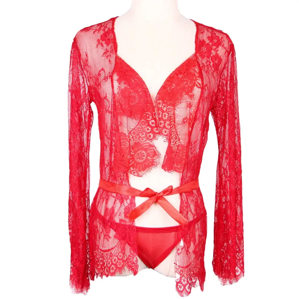 Сексуальное летнее кружевное белье Babydolls, пижама, горячая кофта с v-вырезом, женская тонкая прозрачная Пижама, G-string, Халат - Цвет: Red