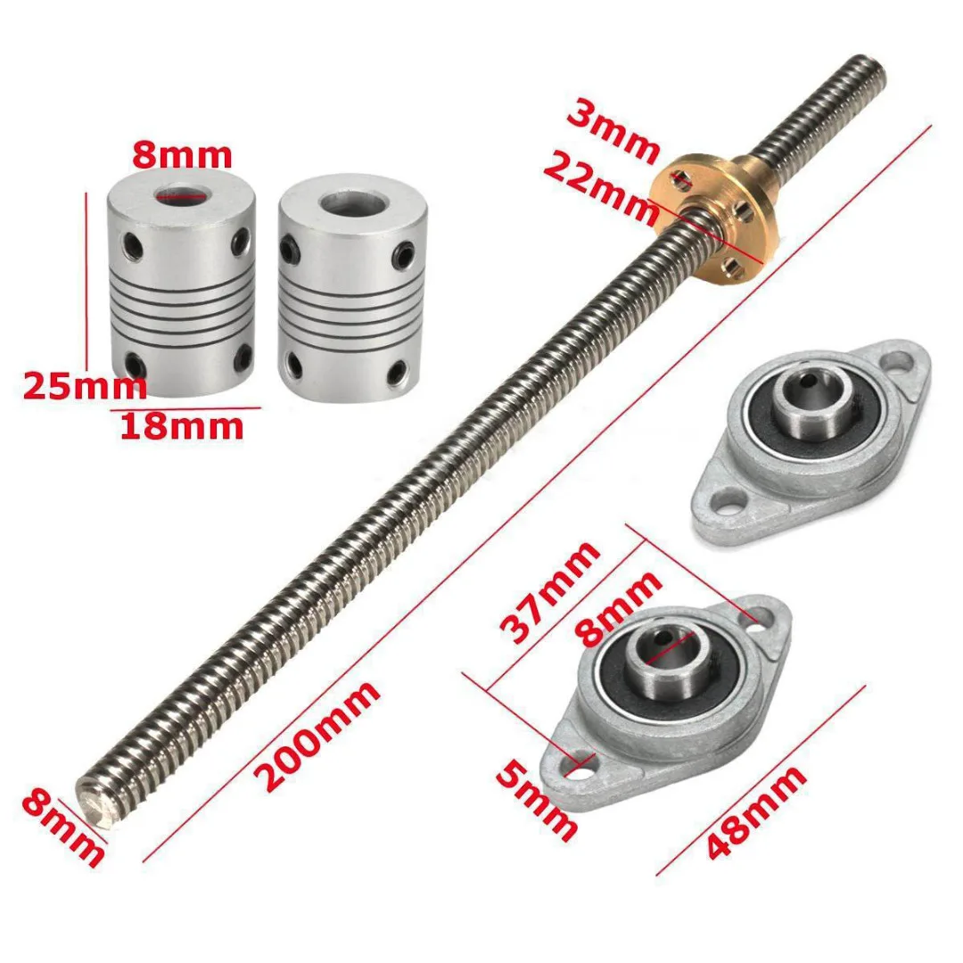 T8 2mm Lead Screw Rod CNC Linear Rail Bar Shaft+2pcs Pillow Block +2pcs ...
