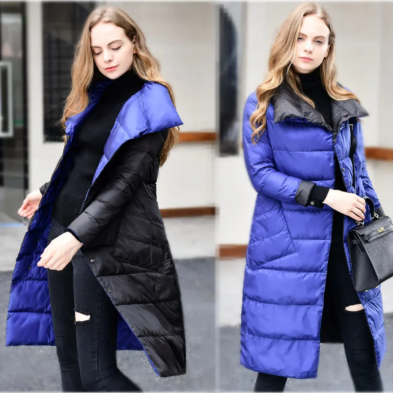 Two Side Wear Autumn Winter 90% White Duck Down Coat Women Light Down Long jacket Women warm Parkas A124 - Цвет: Blue black