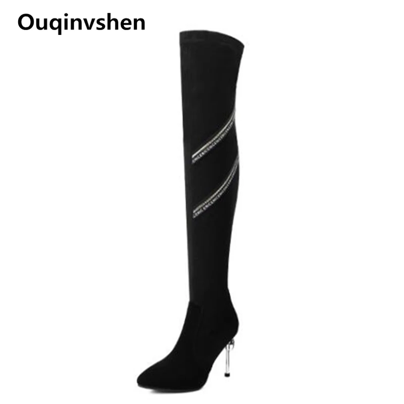 

Ouqinvshen Mixed Colors Crystal Kid Suede Over Knee Boots Womens Black Sexy Fashion Boots Heels Pointed Toe Winter Boots Women