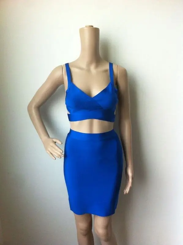 Мини вискоза 2 шт Спагетти ремень Bodycon Королевское Бандажное платье голубого