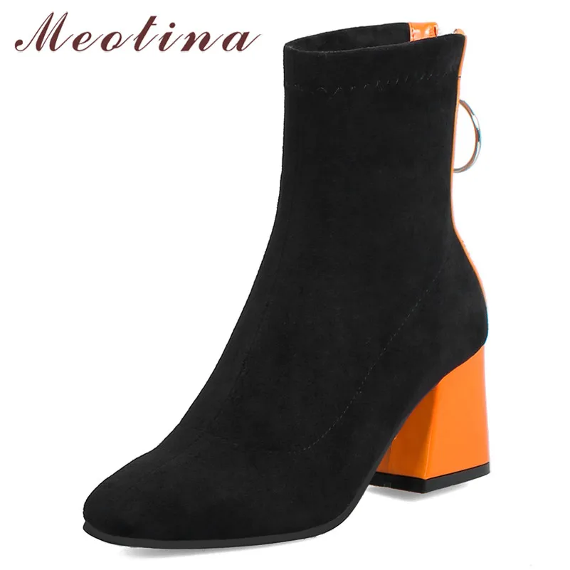 

Meotina Winter Ankle Boots Women Boots Zipper Chunky High Heel Short Boots Mixed Colors Square Toe Shoes Female Fall Red Size 46