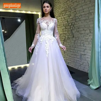 

Luxury BOHO Women Ivory Wedding Dresses 2020 White Wedding Gowns Scoop Tulle Appliques Bohemian Floor Length Formal Bridal Dress