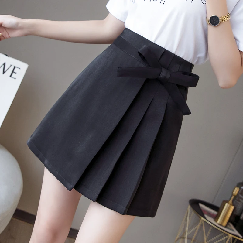 Летняя новая женская мода в японском стиле сексуальная высокая талия с бантом галстук слово короткая юбка в складку юбка империя выше колена мини - Цвет: Black