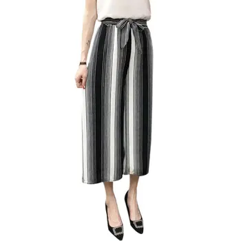 

Fashion Women Elegant Striped Split High Waisted Belted Loose Wide Leg Pants