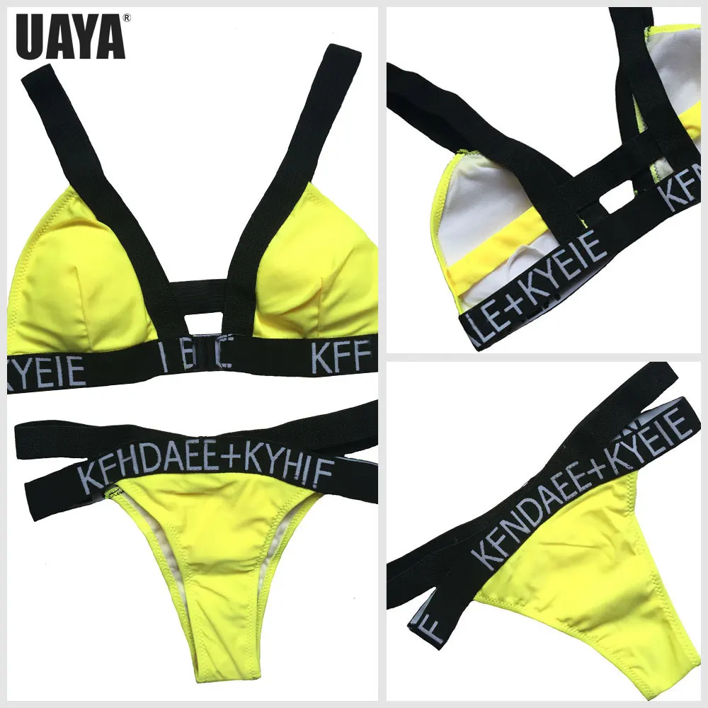 

UAYA 2019 Colors Fluorescent Yellow High Cut Bikini X bandage Brazilian letters Women's Swimsuit Sexy Swimwear New Beach Wear