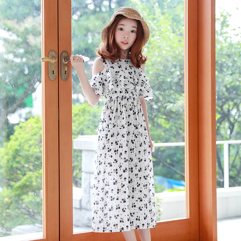 

Off shoulder cotton summer dress girl maxi long 2018 floral print kids dress for summer spring holiday beach girl clothes