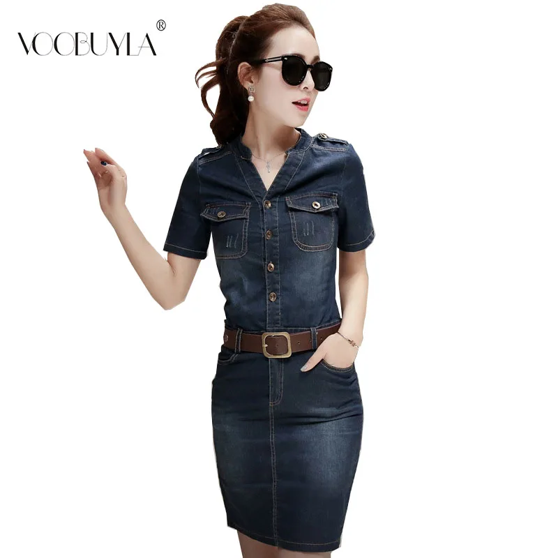 

Voobuyla 2019 Summer Slim Sexy Women Denim Dress Short Sleeve V-neck Casual Dresses Plus Size Jeans Woman Dress Vestidos XXL