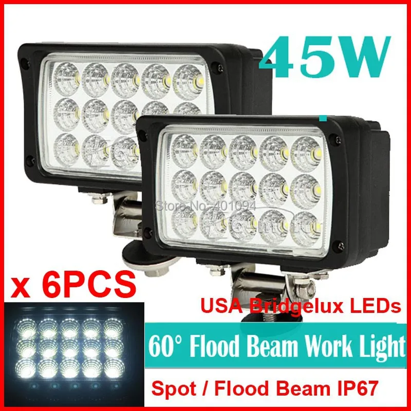 

6PCS 6" 45W 15LED*3W Bridgelux Driving Work Light OffRoad SUV ATV 4WD 4x4 Spot / Flood Beam 9-32V 3900lm Rectangle High Power
